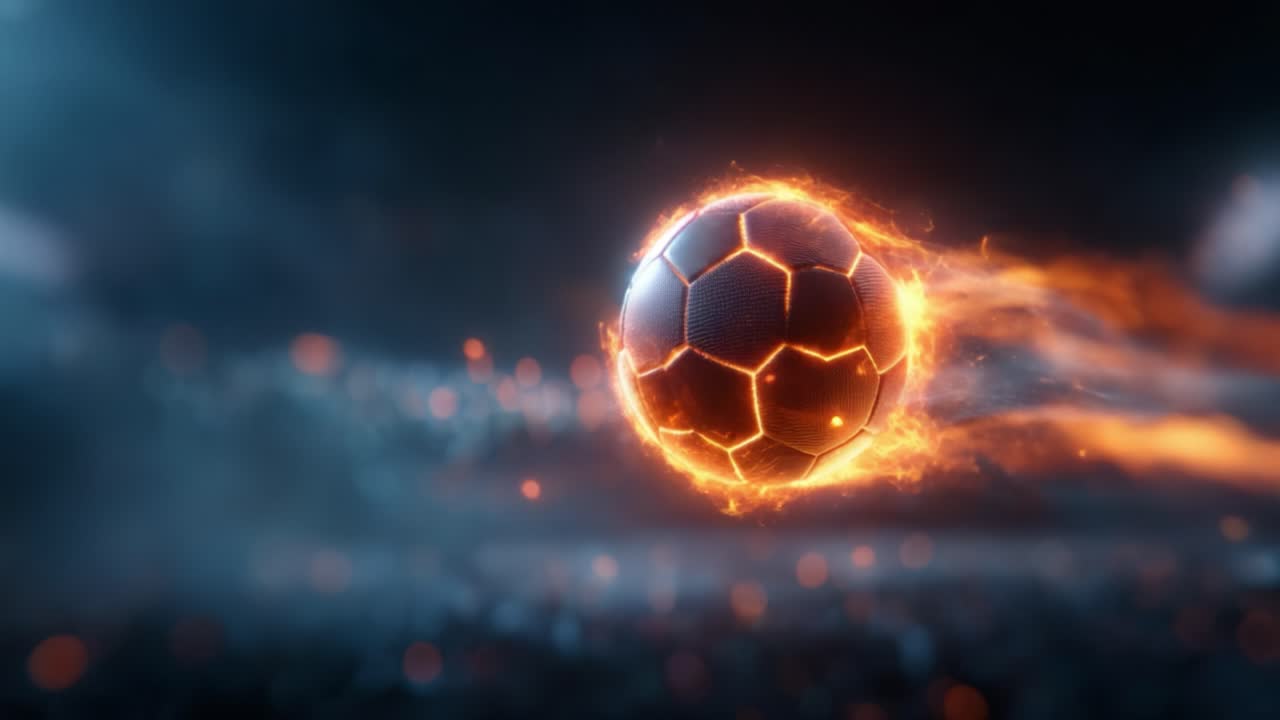 Uma representação impressionante de uma bola de futebol flamejante em movimento, capturando a energia dinâmica e a paixão dos esportes em um campo de ritmo acelerado