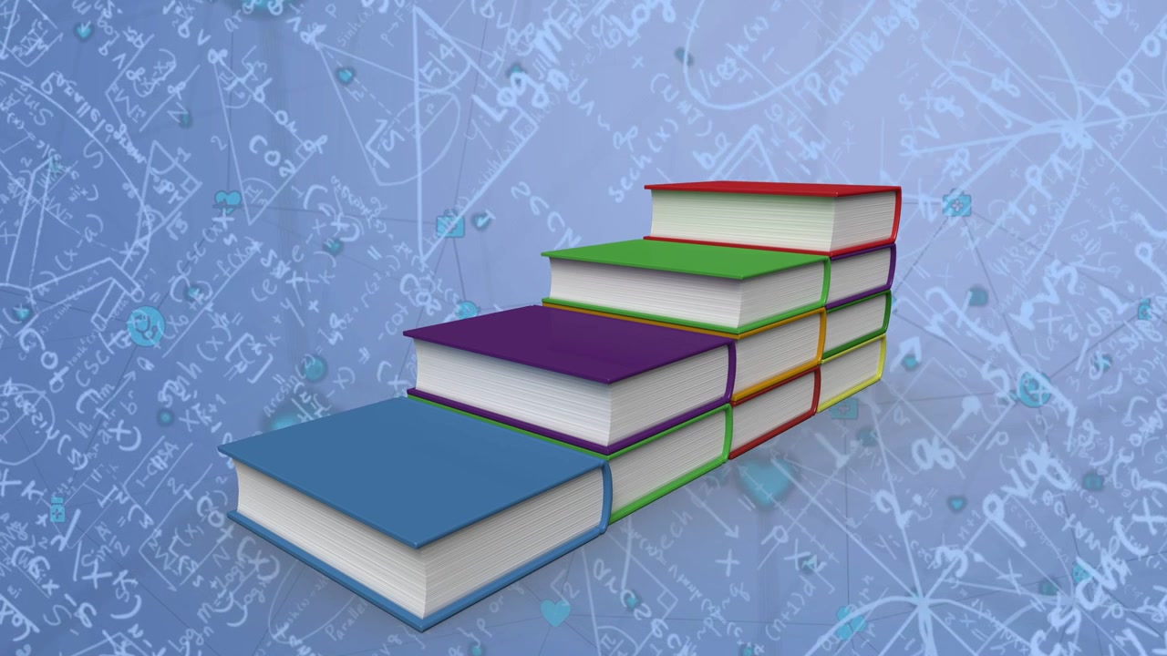 Subtle tracking starting book steps settling, teal icons drifting and chalk math shifting for depth