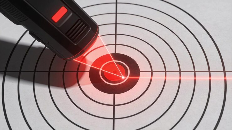 Activating black laser pointer projecting thin red line and dot marking bullseye center on tabletop