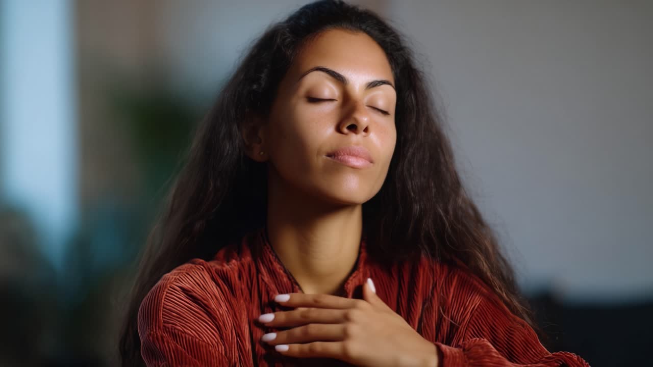 A Woman Practicing Mindfulness and Inner Peace with a Calm Expression in a Serene Environment, Emphasizing Personal Growth and Tranquility
