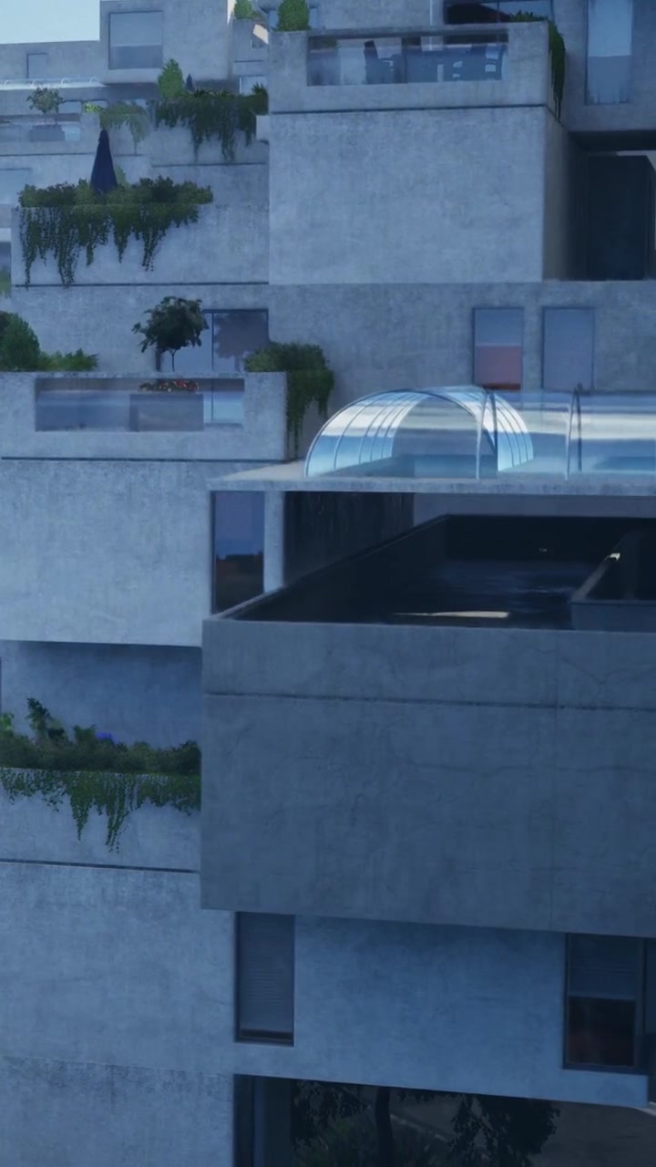 Arquitectura moderna con espacios verdes en un entorno urbano durante el día