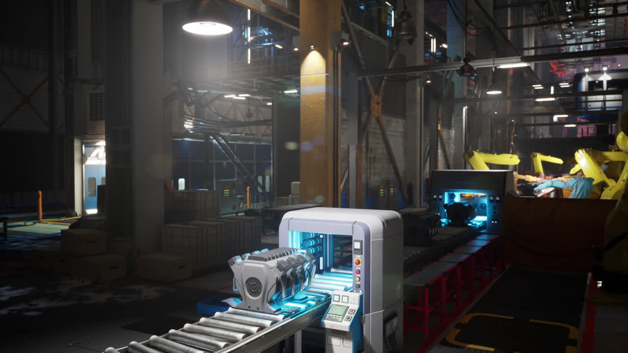 Conveyor belt transporting machinery components in an industrial factory