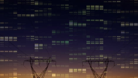 animación de columnas móviles sobre el paisaje con pilones de electricidad
