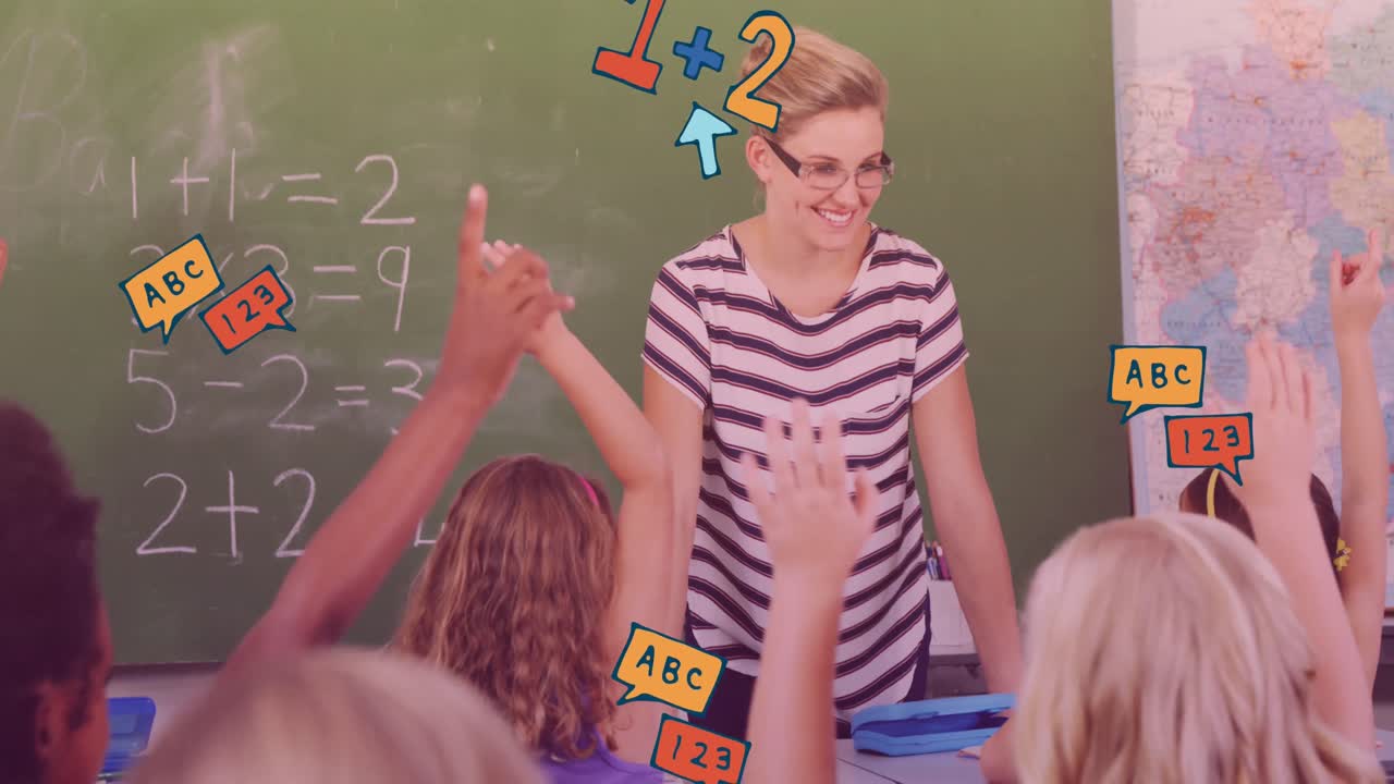 Animation of school icons over smiling caucasian female teacher with diverse schoolchildren