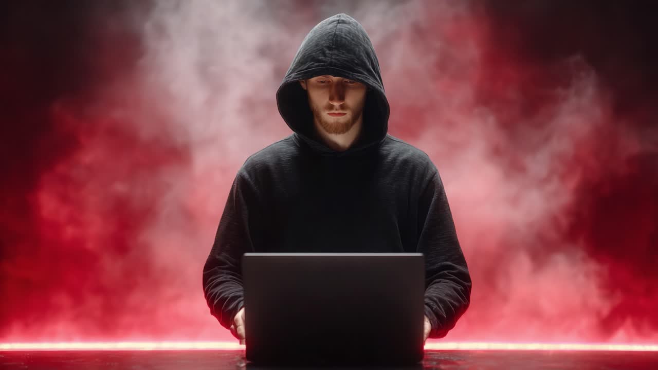 A Mysterious Figure in a Hoodie Engaged with a Laptop in a Dark, Smoky Environment with Red Lighting: Exploring Themes of Technology and Intrigue