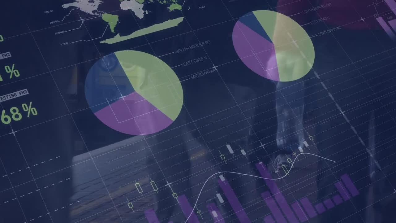 animación del procesamiento de datos financieros sobre personas que caminan