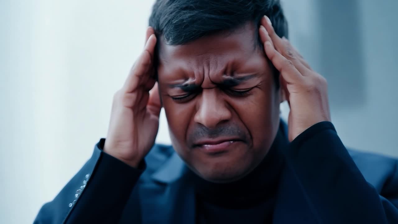 A man with a headache holds his head in his hands, looking sad and stressed.