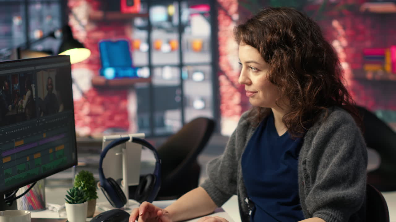 Female expert editor working in video production industry at agency office