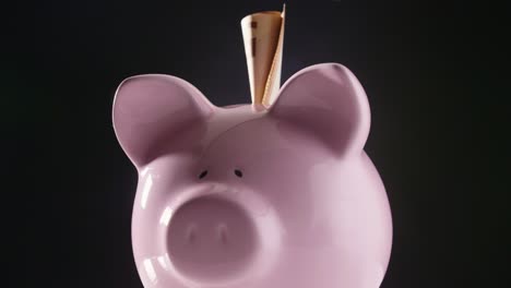 lockdown shot of piggy bank with currency on table