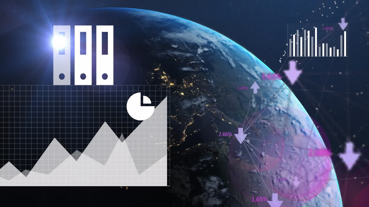 анимация цифровых иконок, световых точек и обработки данных на земном шаре на синем фоне