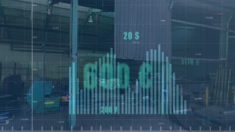 Animation-of-graphs,-changing-numbers,-aerial-view-of-warehouse-of-junkyard