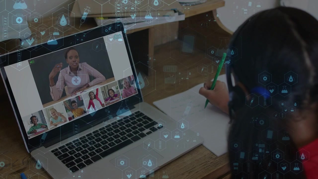 Child wearing headset writing with green pencil teacher gesturing sparking learning icons on laptop