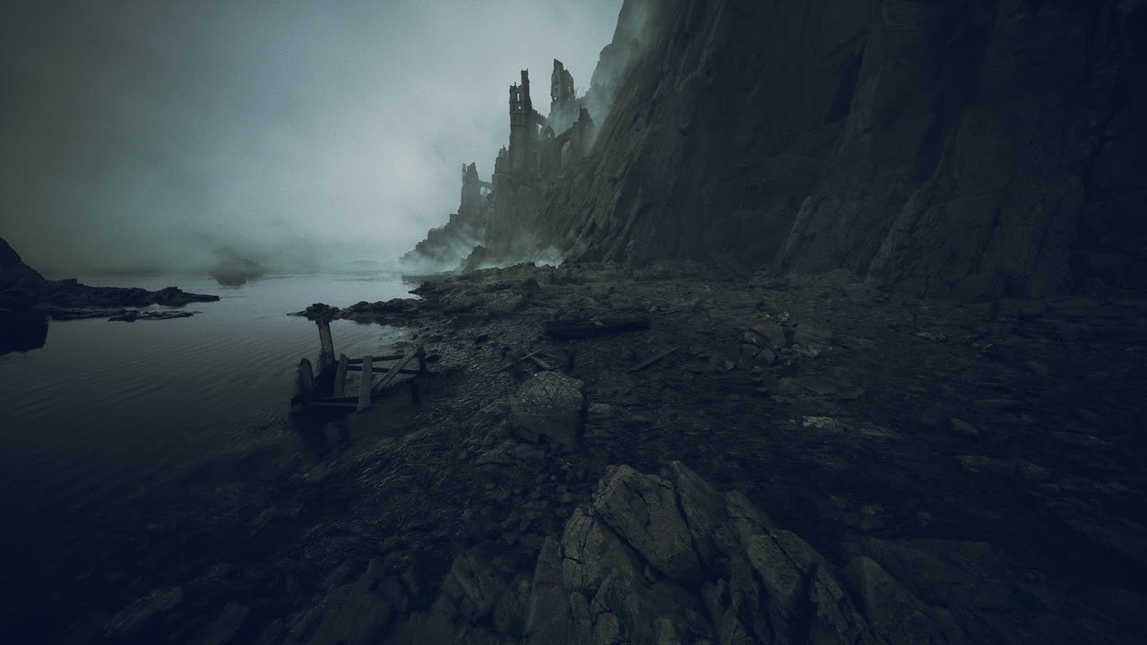 Ruined cliffs by a misty coastal area at dawn with a mysterious atmosphere