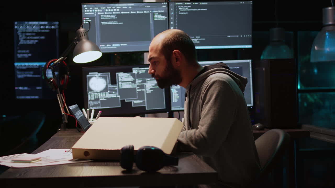 Man coding and eating pizza at his desk