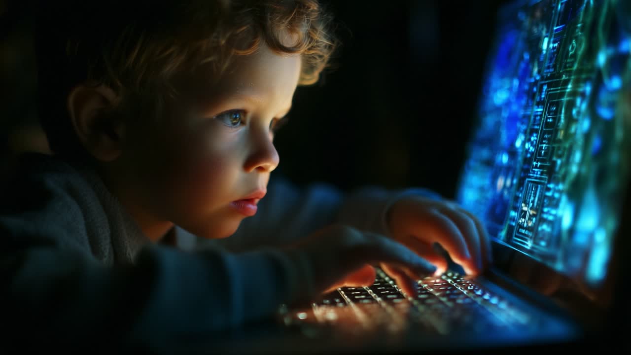 A Young Child Fascinated by Technology as They Curiously Interact with a Luminous Laptop Display, Capturing the Essence of Innovation and Imagination in a Digital World