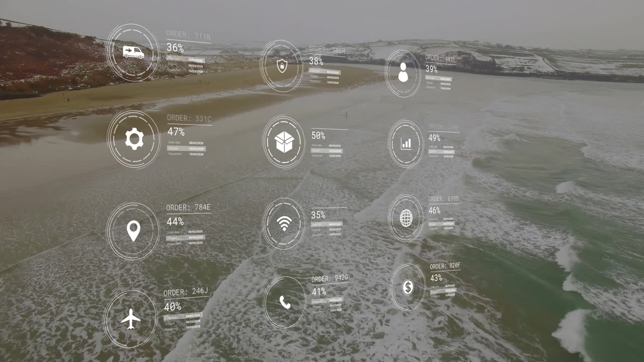 animación de la red de iconos y procesamiento de datos sobre el paisaje