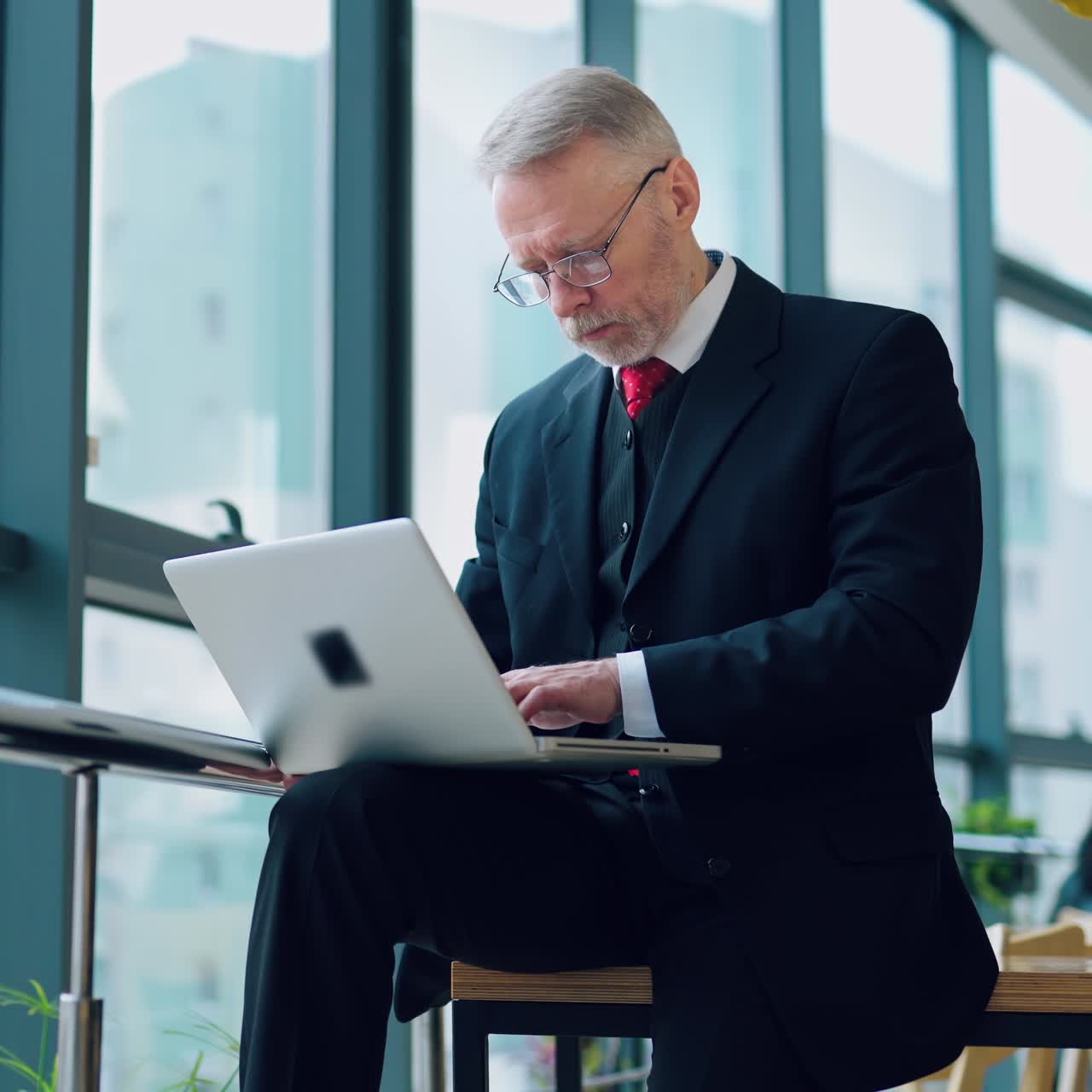 Grey-haired businessman working on a laptop. Serious mature man in glasses in elegant suit typing on a computer while sitting near the windows.