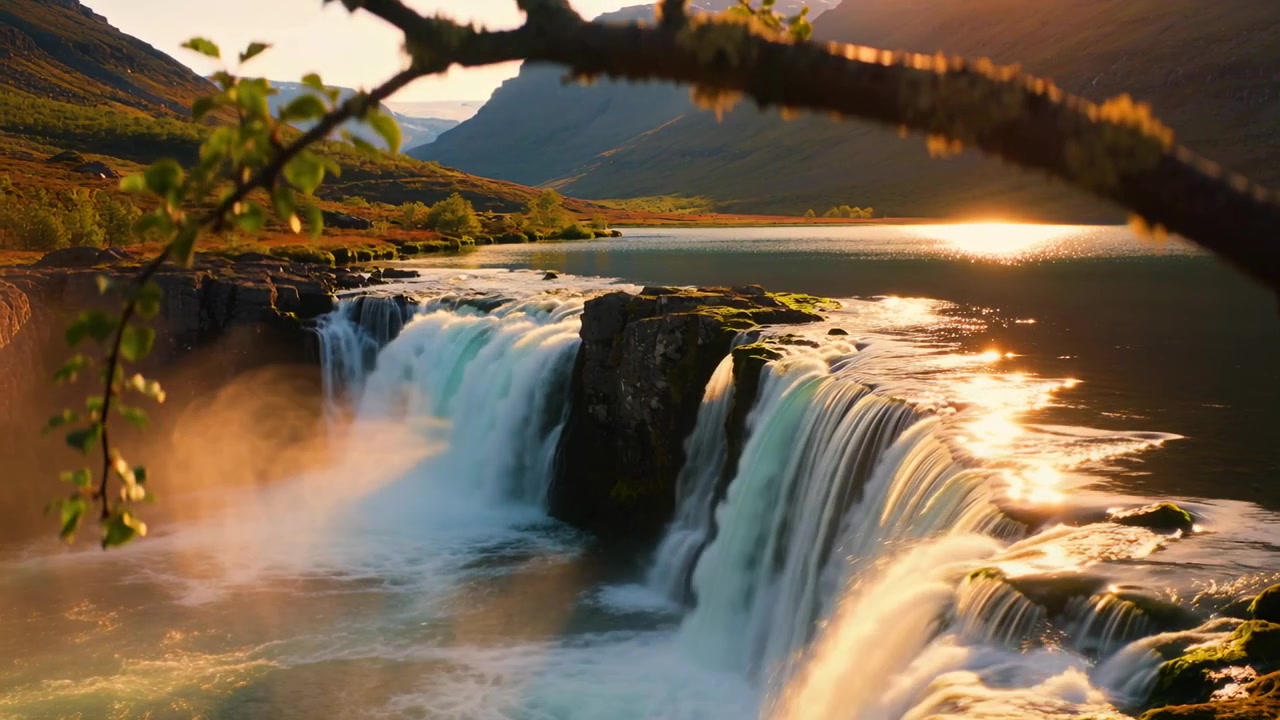 Ampia cascata che si riversa su un affioramento roccioso centrale in una valle erbosa, con un fiume che alimenta le cascate.