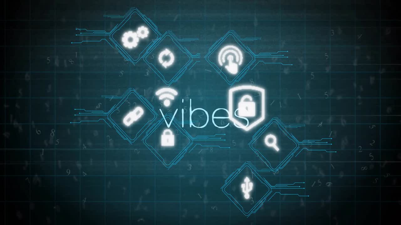 Cybersikkerhedsikoner og data-krypteringsanimation over en digital interface-baggrund