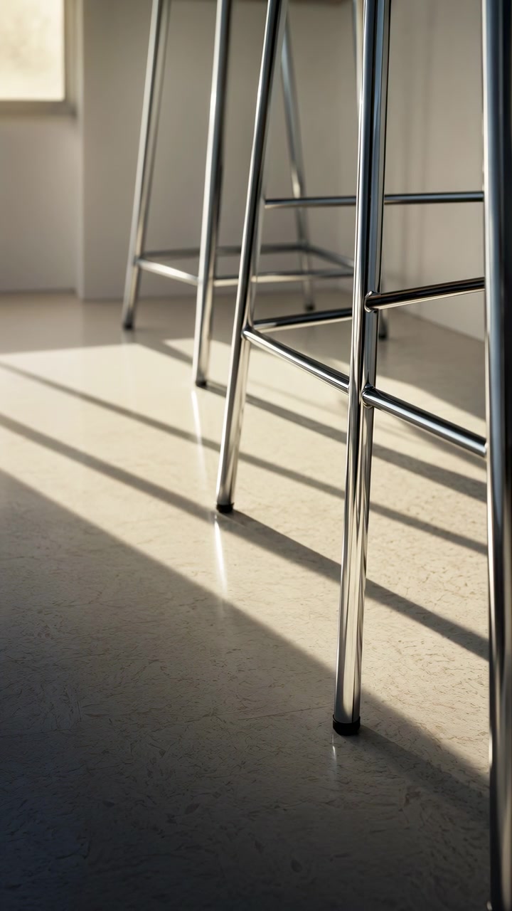 Low angled view of chrome barstool legs in row on polished beige terrazzo floor, sunlight from side creating crisp diagonal shadows, reflective surfaces and clean modern interior, with barstool