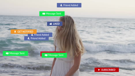 Walking-on-beach,-woman-seeing-social-media-notifications-animation