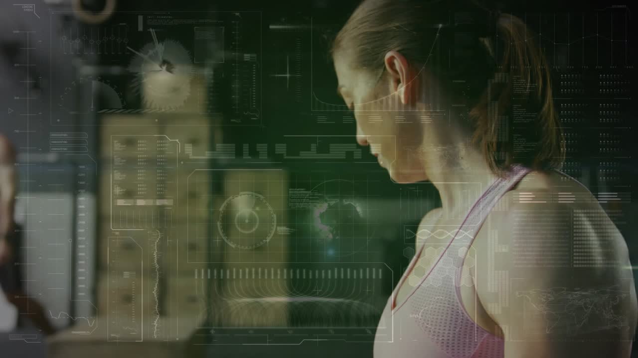 Woman holding small sphere after man passing, HUD overlay showing metrics, readying for workout
