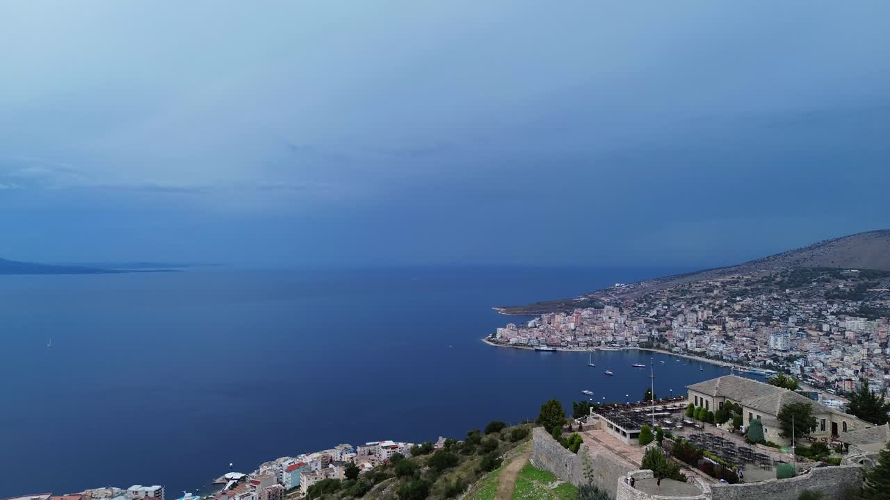 Aerial View of Coastal City on a Cloudy Day