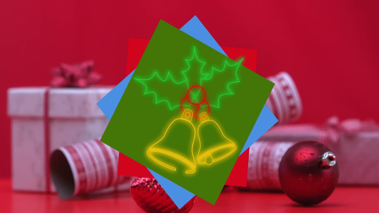 animación del icono de la campana de navidad de neón sobre el popper de la fiesta y los regalos de navidad contra un fondo rojo