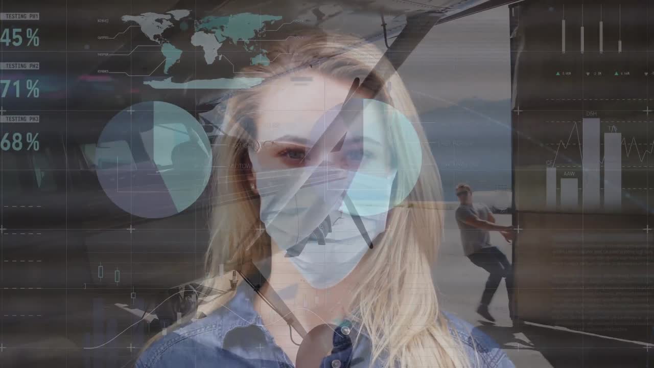 animazione dell'elaborazione dei dati su donne caucasiche che indossano maschere