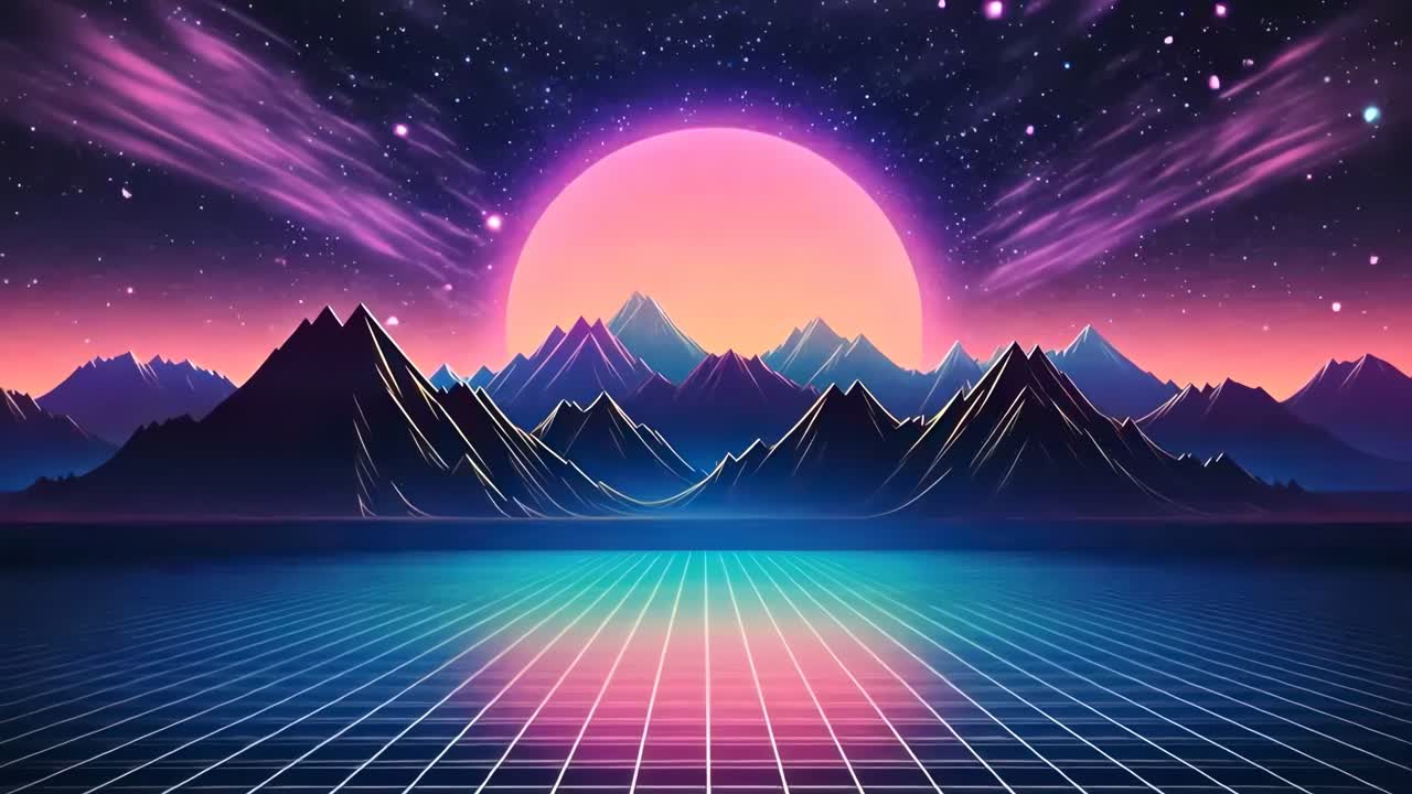 Retro-futuristic video style with a low-angle view of neon grid, mountains, and a vibrant sunset