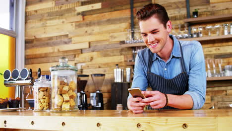 male waiter using mobile phone at counter