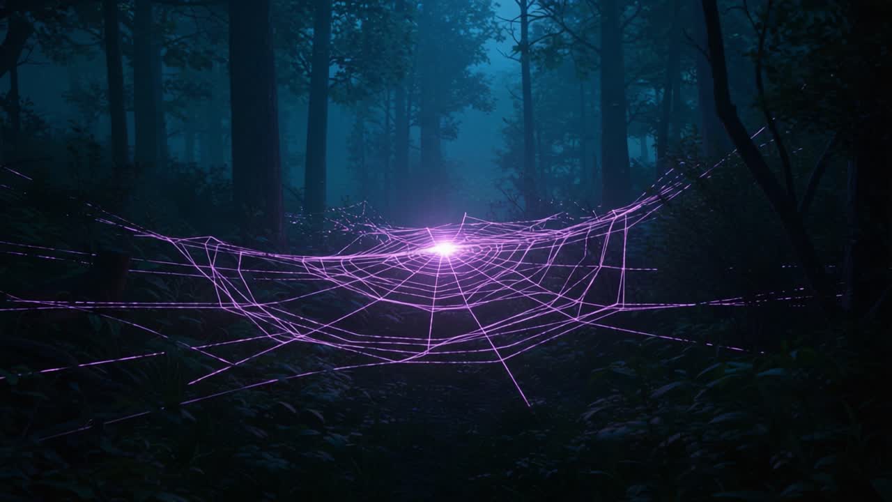 A Mesmerizing Glimpse into a Mystical Forest Filled with Ethereal Light Webs Captured in Enchanting Purples and Blues, Creating a Spellbinding Atmosphere of Wonder