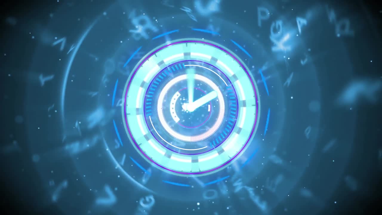 검은색 배경에 회전하는 숫자 위의 시계와 함께 범위 스캔의 애니메이션