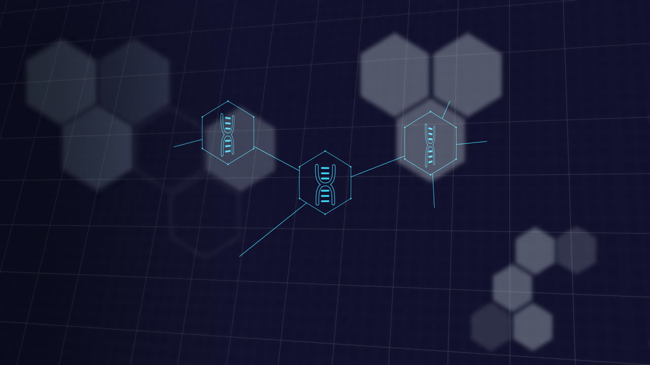 Animation of shapes and network of connections with dna strands on black background