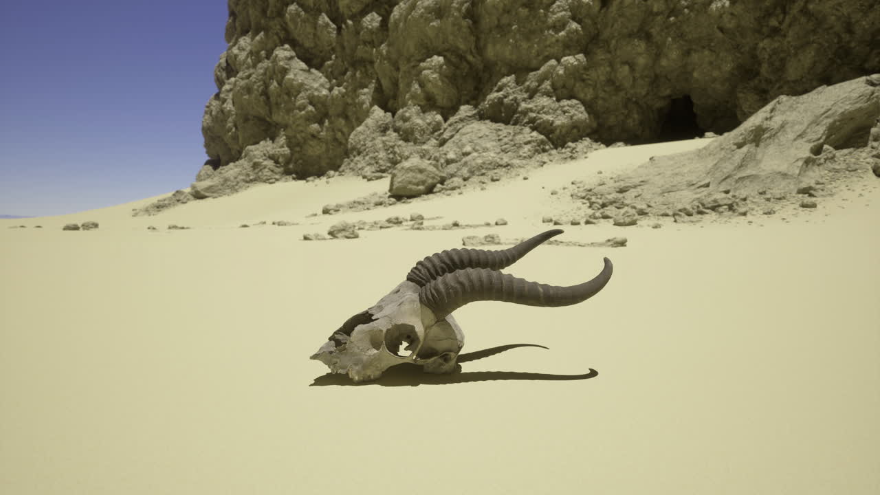 Desert landscape featuring a ram skull against a rocky backdrop