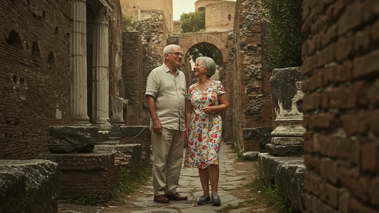 En gledelig spasertur gjennom gamle ruiner: To eldre nyter hverandres selskap mens de vandrer blant historisk arkitektur i tidløse omgivelser