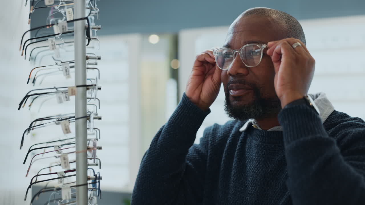 A man smiles at the camera while holding a pair of glasses in an optical store.