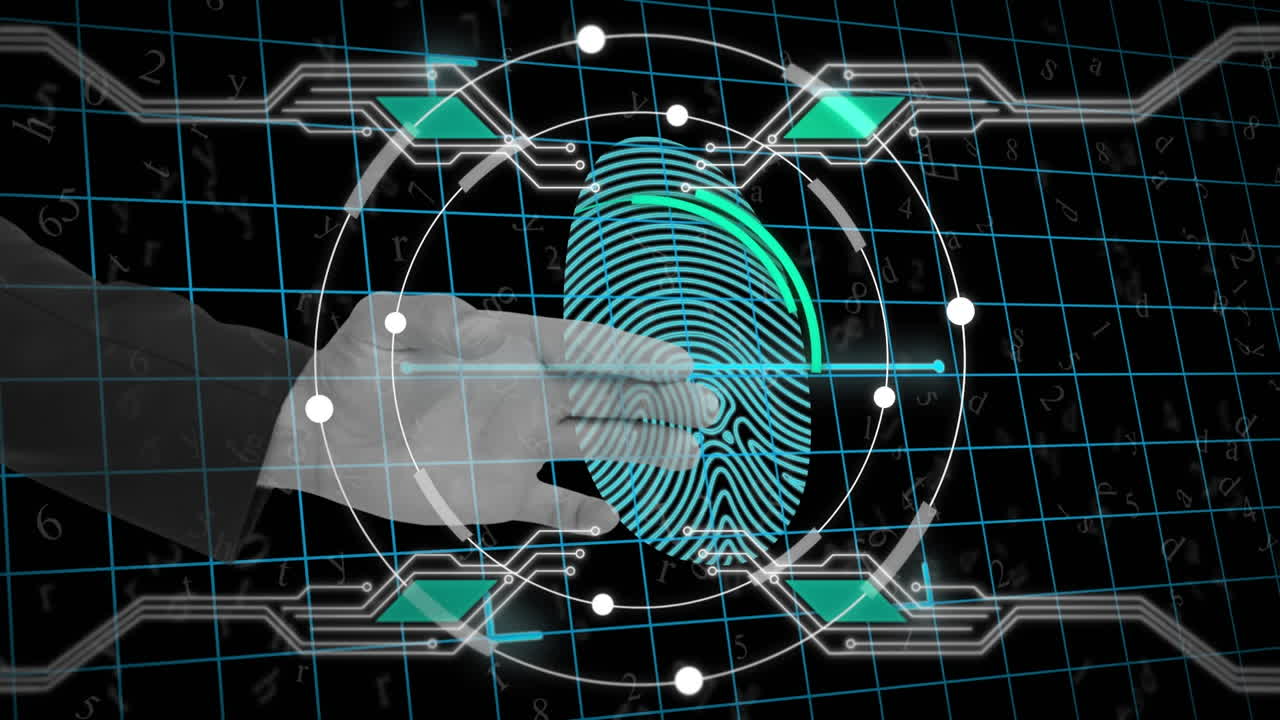검은 바탕의 그리드 네트워크에 대한 지문 스캐너를 통해 인간의 손 스캐닝