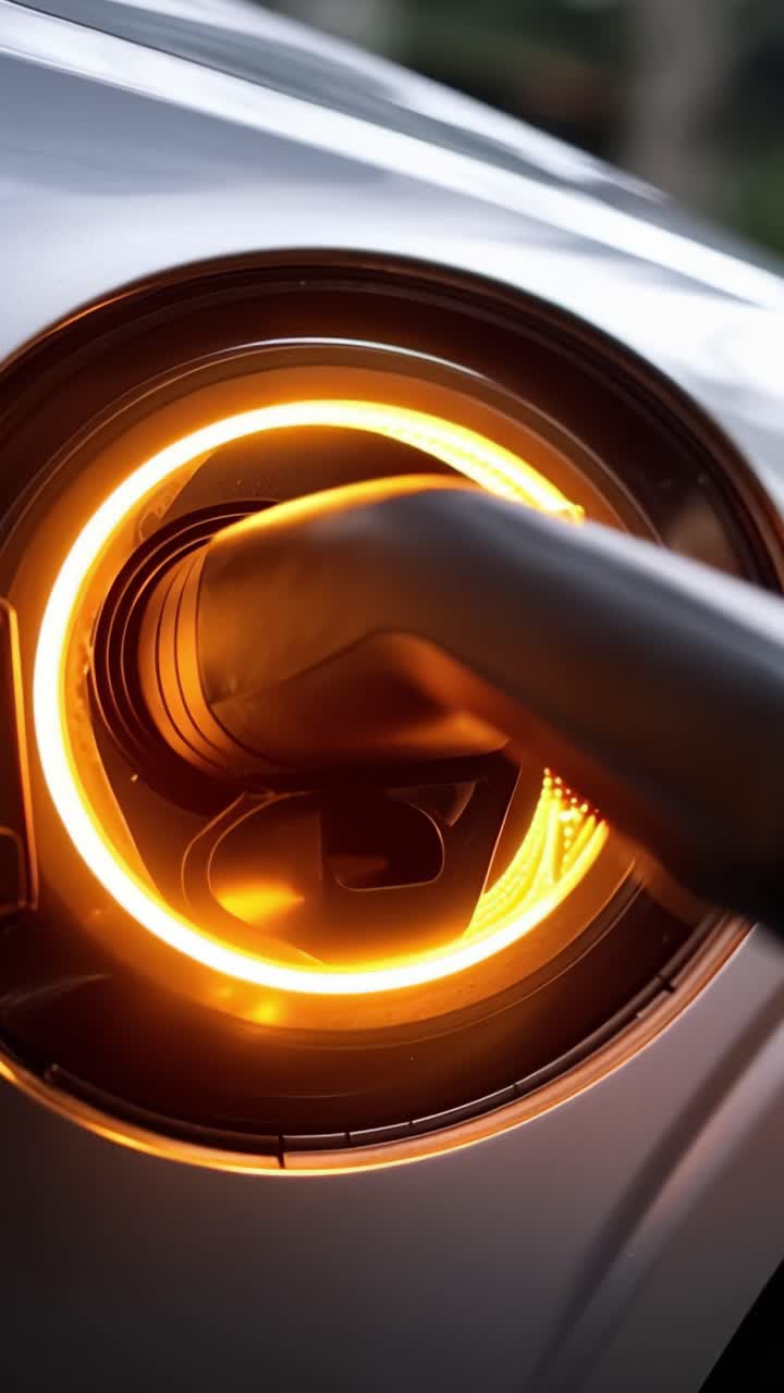 Close-Up of Electric Vehicle Charging Port with Illuminating LED Ring and Connector During Charging Process for Sustainable Energy Solutions