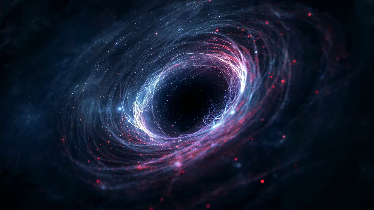 Emerging energy vortex drawing light streams inward while rotating in starry space, pulsing hues