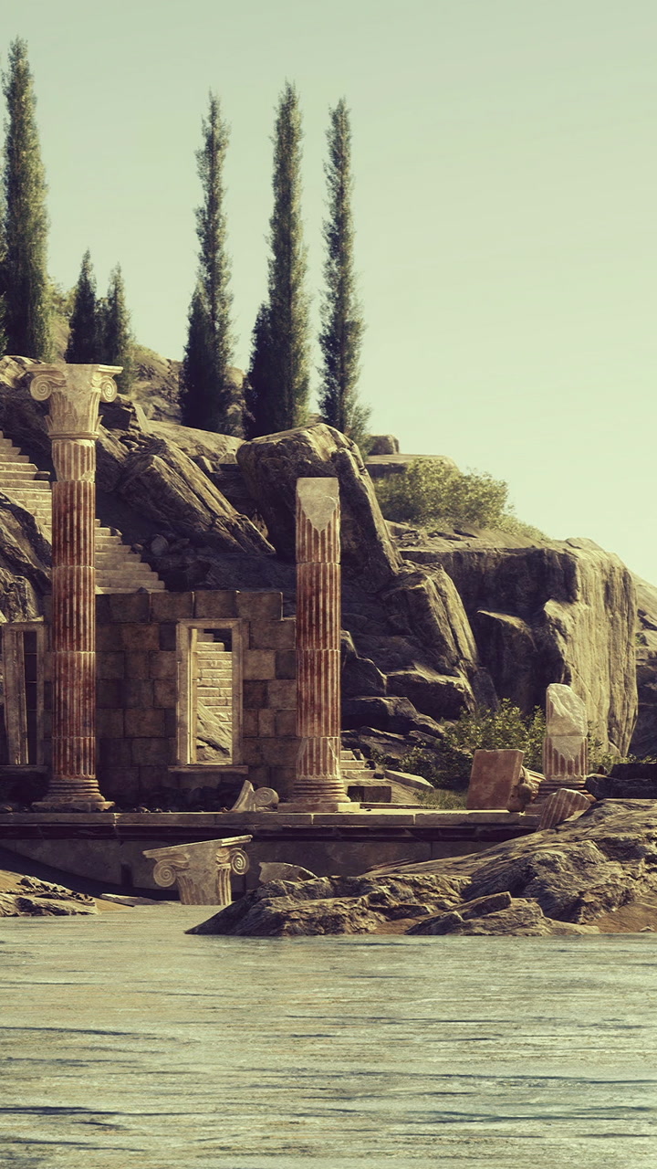 Ancient ruins emerge from the tranquil waters under a golden sun