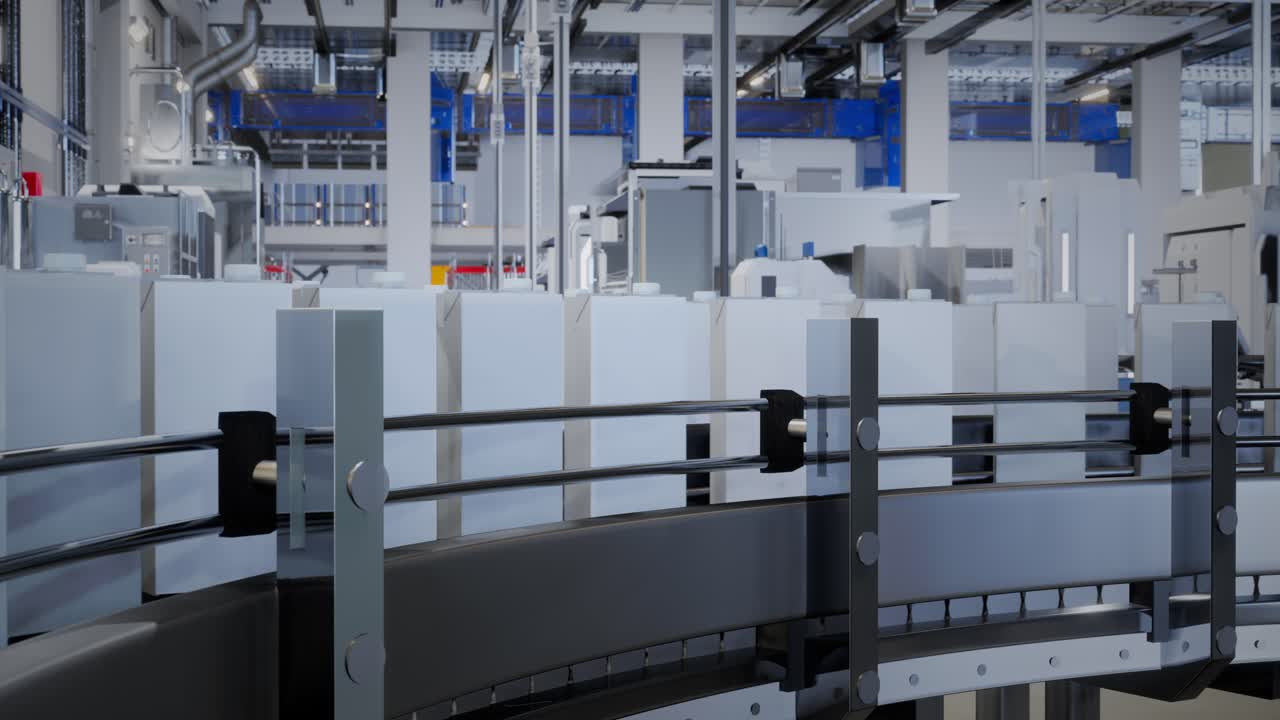 현대 공장에서 자동화 된 생산 컨베이어 라인: 생산 컨베어 라인에서 상자를 운반하는 것, 생산 컨베이어 라인에서 운반되는 상자 상자, 기계 메커니즘