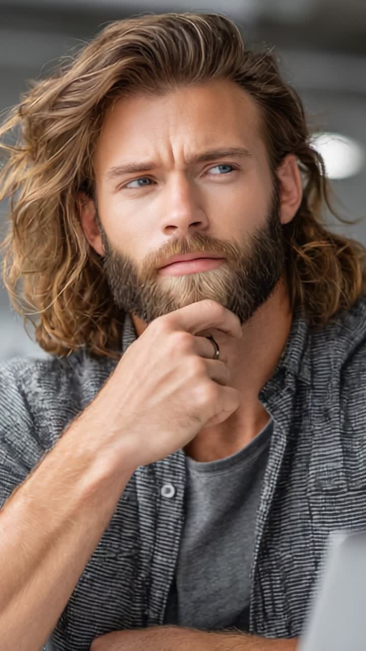 A Thoughtful Portrait of a Handsome Man with Long Hair and a Beard, Pondering his Next Move in a Modern, Stylish Environment