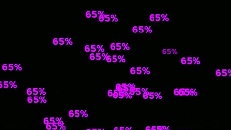 Neonzahl-65-Prozent-Bewegt-Sich-Nach-Oben,-Zeichensymbol,-Moderne-Animation-Auf-Schwarzem-Hintergrund,-Leuchtend-Und-Glänzend-Für-Videoelemente-Geschäftskonzept