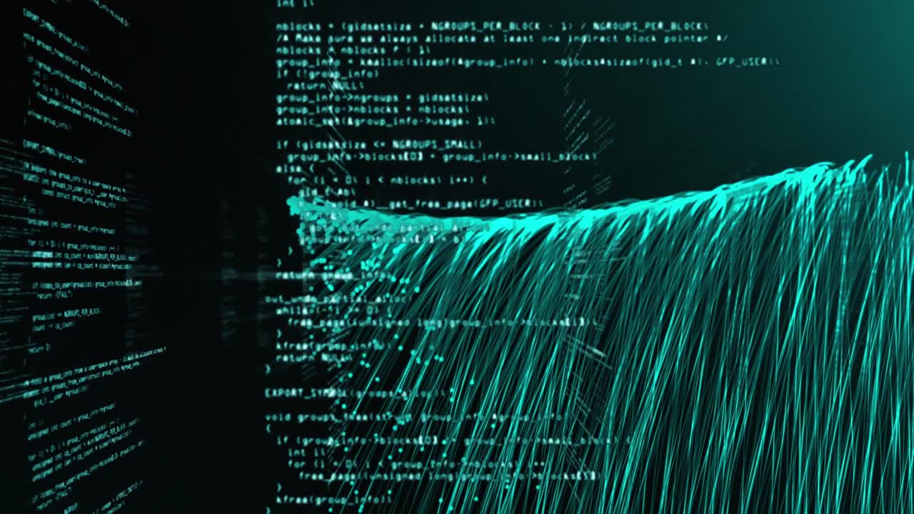 Animation of data processing and light trails over black background