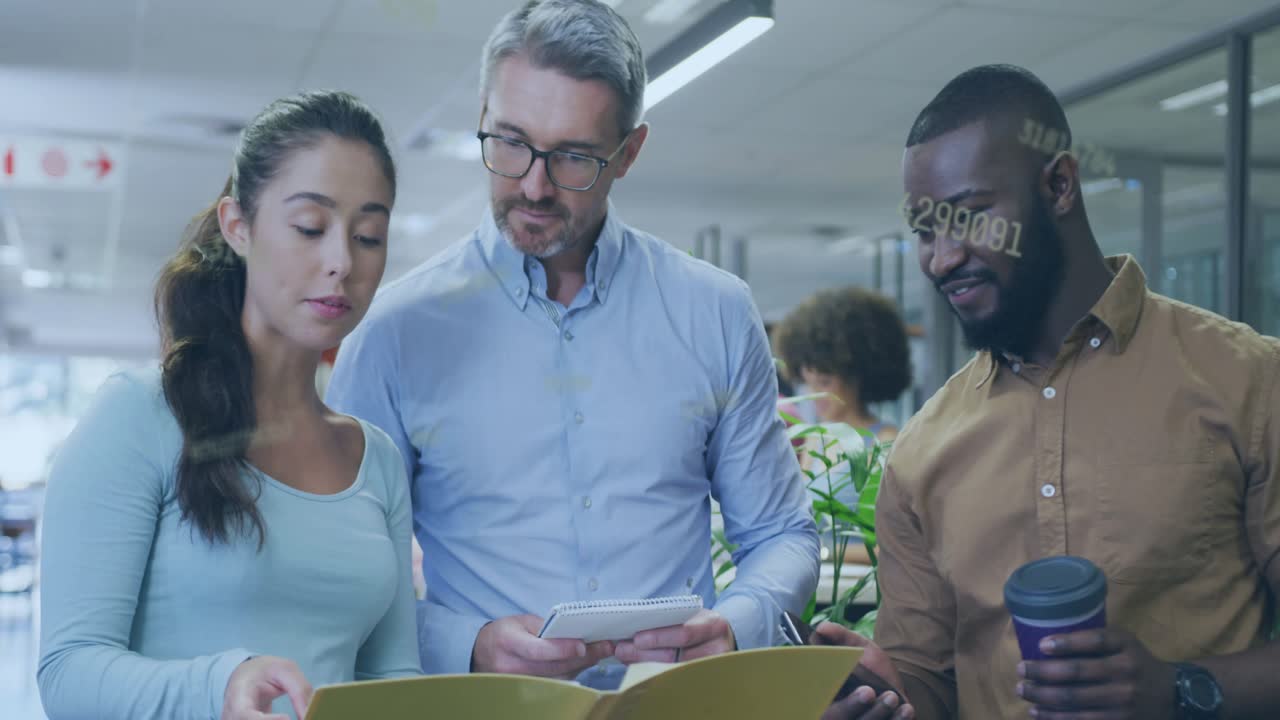 Team opening yellow folder reading aloud writing notes checking phone while reviewing business docs