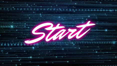 Animation-of-neon-start-text-banner-over-glowing-blue-light-trails-and-spots-on-black-background