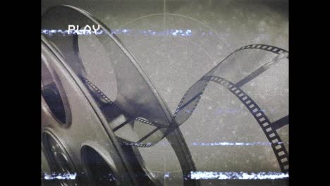 Animation-of-tape-reel-on-screen-with-lines-and-glitch