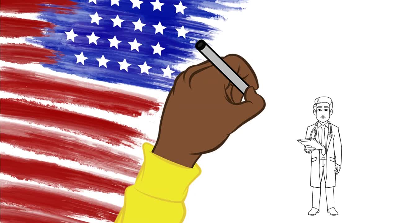 Hand draw American flag, doctor and nurse on a whiteboard doodle about Coronavirus outbreak in US