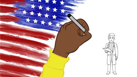 Hand-Zeichnen-Amerikanische-Flagge,-Arzt-Und-Krankenschwester-Auf-Einem-Whiteboard-Kritzeln-über-Den-Ausbruch-Des-Coronavirus-In-Uns